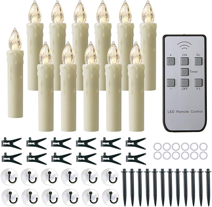 12 PCS Flameless Window Candles - Ivory Battery Operated LED Taper with Remote Updated Timer Function - Christmas Candles Warm White - Perfect for Wedding/Birthday/Party Decor