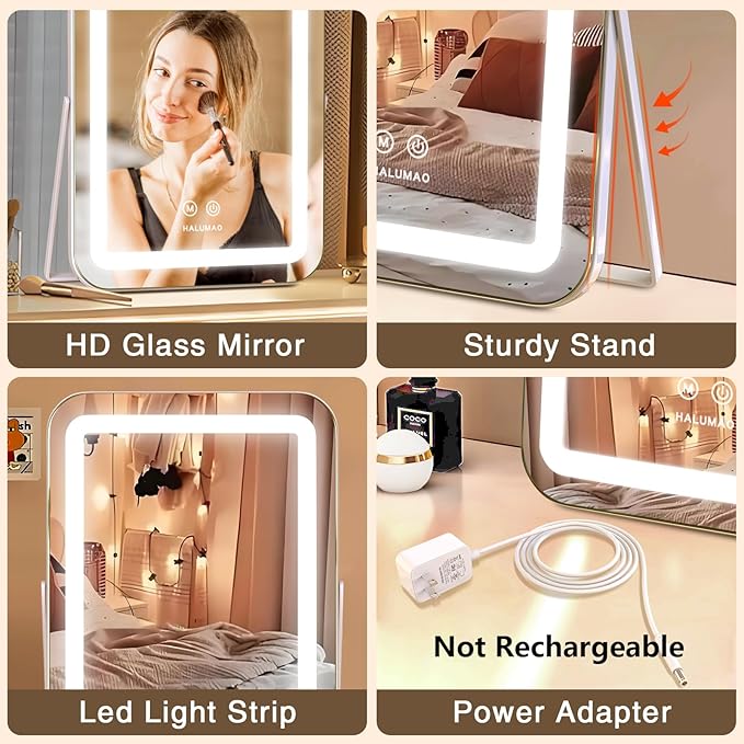 Vanity Mirror with Lights, 14.5" Light Up Makeup Mirror, LED Makeup Mirror with Lights for Bedroom Tabletop, Smart Touch Control 3 Colors Dimmable, 360° Rotation