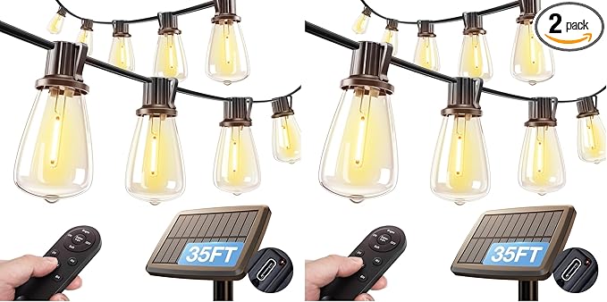 addlon 35FT Solar String Lights Outdoor, IP54 Waterproof Solar Powered with Remote & USB Port, 10+1 LED Shatterproof Bulbs, Dimmable Solar Light Outdoor for Camping Backyard Bistro Porch (Pack of 2)