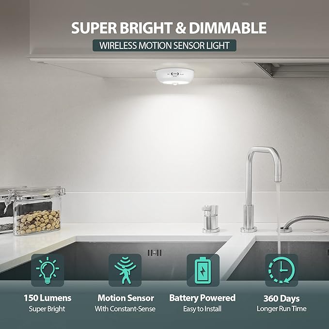 Motion Sensor Light Indoor, LED Night Light Closet Lights, Under Cabinet Lights, AA Battery Operated Stick on Wireless Puck Lights for Wall, Step, Stair, Dimmable (3 Pack)