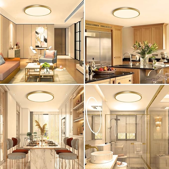 12 Inch Gold LED Ceiling Light, 3000K Warm White, 24W Gold Flush Mount Ceiling Light, 3200LM Round Low Profile Ceiling Lights for Bedroom, Living Room, Dining Room