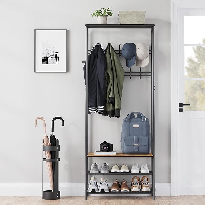 Coat Rack Hall Tree with Shoe Storage Bench, 4-in-1 Entryway Bench with 6 Hooks & 3-Tier Shoe Rack, Metal Frame for Entryways, Freestanding Coat Racks Storage for Entryway, Hallway, Front Door