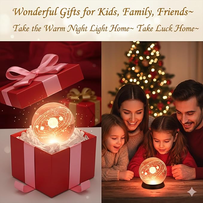 60mm 3D Crystal Ball Night Light, Galaxy Glass Sphere Lamp with 7 Color LED on Wooden Base, Crystal Globe Orb Light for Bedroom Decor, Celestial Space Birthday Gift for Teens Boys Girls (Moon)