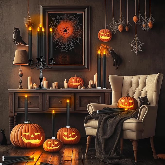Flameless Taper Candles 10.6" Dripless Battery Operated Taper Candles Included Remote Timer 400+ Hours by 2AA Batteries for Halloween Christmas Wedding (Black, 24 Pack)