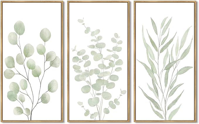 KUVIOKE Light Green Botanical Leaf Framed Wall Art Green Sage Eucalyptus Plant Illustrations Modern Artwork for Living Room Bedroom 8x16in3pcs Natural Framed
