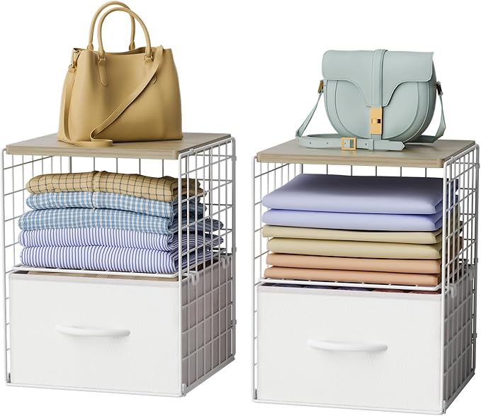 2 Pack Stackable Storage Drawers, Closet Organizers and Storage Shelves with Wooden Top & Adjustable Dividers, White Fabric Closet Drawer Organizer, Modular Storage Bins for Bedroom Wardrobe Apartment
