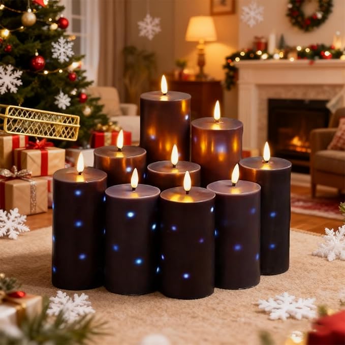 Flickering Flameless Candles,Battery Operated Real Wax LED Pillar Candles with Remote Control and Timer,with Embedded Star String,Set of 9 (Black)
