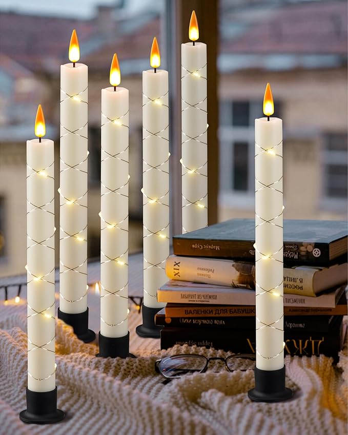 Da by 6 Flameless Window Candles with Remote Control & Timer, Surround String Lights, Battery Powered, 9.6" Christmas Candles, Free 6 Black Bases for Home Décor (Pack of 2)