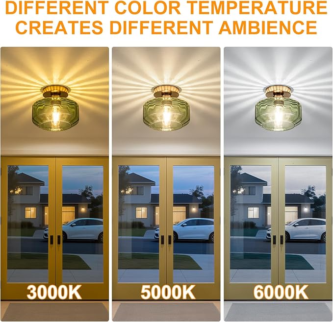Tbaoinal Semi Flush Mount Ceiling Light Textured Green Glass Shade Matal Base Inclede LED Bulb, for Kitchen/Hallway/Entryway/Bathroom for a Golden Brass