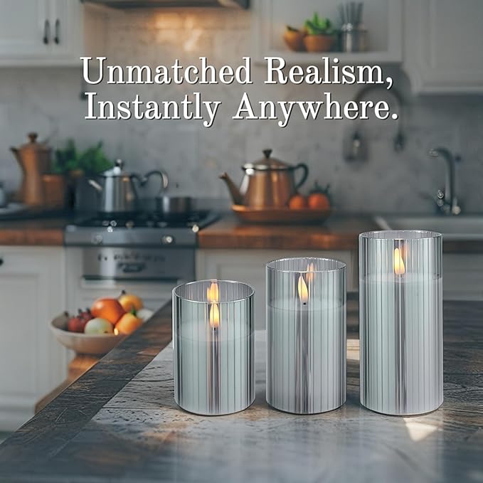 VENTA Flickering Flameless Candles With Remote Control - Led Candles Battery Operated - Battery Operated Candle For Decoration Table, Timer & Dimmer Features, Set - 3Pcs (4",5",6") (Grey Ribbed Glass)