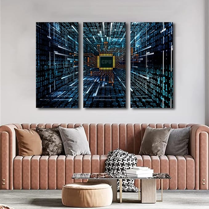 3 Panel Canvas Wall Art for Bedroom Computer Chip Wall Art for Living Room CPU Concept Wall Art Decor Electronic PC Abstract Artwork Rustic Decor for Home Walls Giclee Framed Ready to Hang(28"Wx42"H)