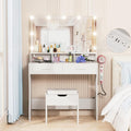 Makeup Vanity with Lighted Mirror & Power Outlet, Makeup Table Vanity Set with 3 Lighting Colors, Brightness Adjustable, White
