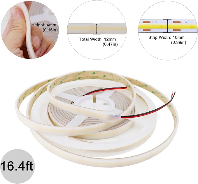 COB White LED Strip Lights, 6000K 528LEDs/M 90Ra+ DC12V Silicone Tube LED Lights Strips, Outdoor Waterproof IP67 Linear COB LED Tape Lights for Boats Interior Deck Cabin, Wheel, Cabinet Lights