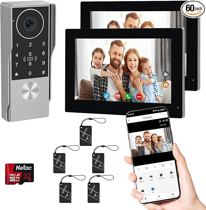 2-Wired key pad Video Intercom System with keypad,doorbell with monitor Dual 7'' Touch Screen, 1080P HD Camera, Passcodes Unlock, Night Vision, Tuya app, Waterproof, for Front Gate Apartment Home