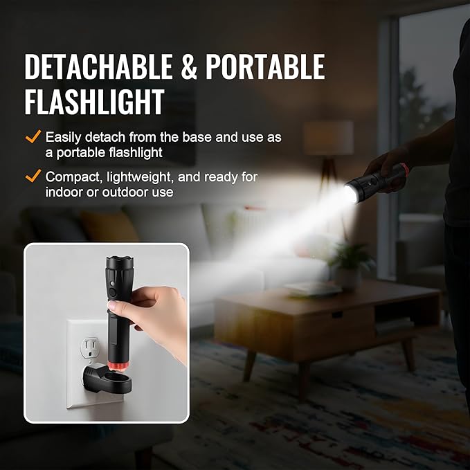 4 in 1 Plug in Emergency Flashlight Rechargeable LED Night Light with Motion Sensor for Power Outage Home Safety Portable Work Light Removable Torch for Camping and Indoor Use(2 Pack)