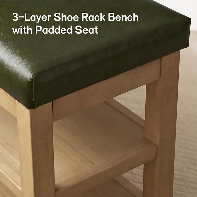 Shoe Rack Bench with Leather Cushion, 2 Tier Solid Wood Storage Bench, Mid-Century Modern Shoe Bench for Entryway, Hallway, Closet, Front Door Entrance, Foyer (Green, 39.4")