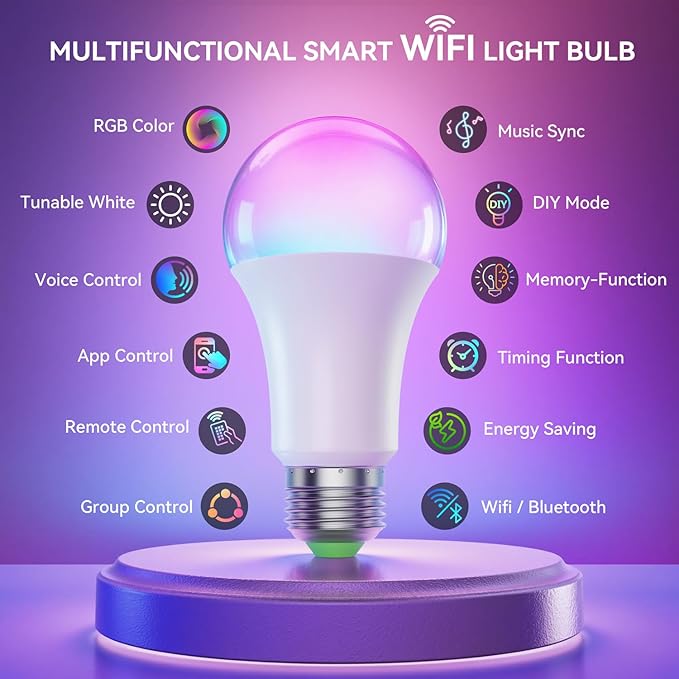 Auxmir Smart Light Bulbs, RGB+CCT Color Changing LED Light Bulbs Work with Alexa & Google Home, Multiple Scene and Music Sync Light Bulb, A19 9W 800LM, WiFi Bluetooth 2.4GHz No Hub Required, 2-Pack