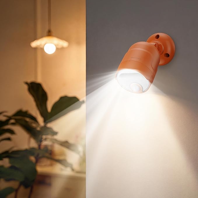Wireless LED Spotlight, Battery Operated Motion Sensor Outdoor Light - 4000mAh Rechargeable 2-Mode IPX5 Waterproof 600LM Light for Porch, Garage, Hallway, Wardrobe (Orange)