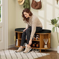 Entryway Bench with Storage: 35.4" Wooden Bedroom Shoe Bench with Thickened Padded Seat Cushion, Mid Century Modern Fluted Sliding Door and Adjustable Shelf, for Entryway, Living Room