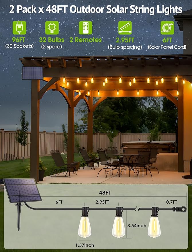 96FT(2x48FT) Solar Outdoor String Lights with Remote & Timer, Dimmable Patio Lights with 30+2 Shatterproof ST38 LED Bulbs for Outside-Black