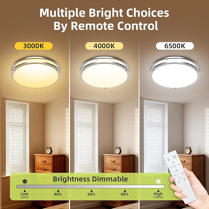 hepside 2Pack Flush Mount LED Ceiling Light with Remote, Dimmable& 3000K-6500K Adjustable Ceiling Light Fixture, Timer, Night Light, 10 inch Brushed Nickel Ceiling Lamps for Kitchen Bathroom Bedroom