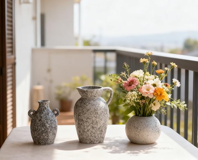 Stone Vase Home Table Decor, Black Ceramic Modern Rustic Farmhouse Vase Set of 3 Centerpiece for Shelf Bedroom Bathroom Desk