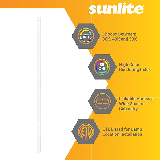 Sunlite LED Under Cabinet Lighting Plug in 46 Inch Linkable Under Counter Lights for Kitchen 16 Watts, 120 Volts, 1600 Lumens, Adjustable 3 CCT 3000K-5000K, 50,000 Hour Lifespan, ETL Listed LED Light