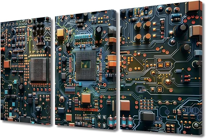 3 Panels CPU Concept Pictures Wall Art Microcontroller Technology Pictures Print on Canvas Circuit Board Wall Decor Paintings for Home Decor Stretched and Framed Easy to Hang (36" Wx24 H)