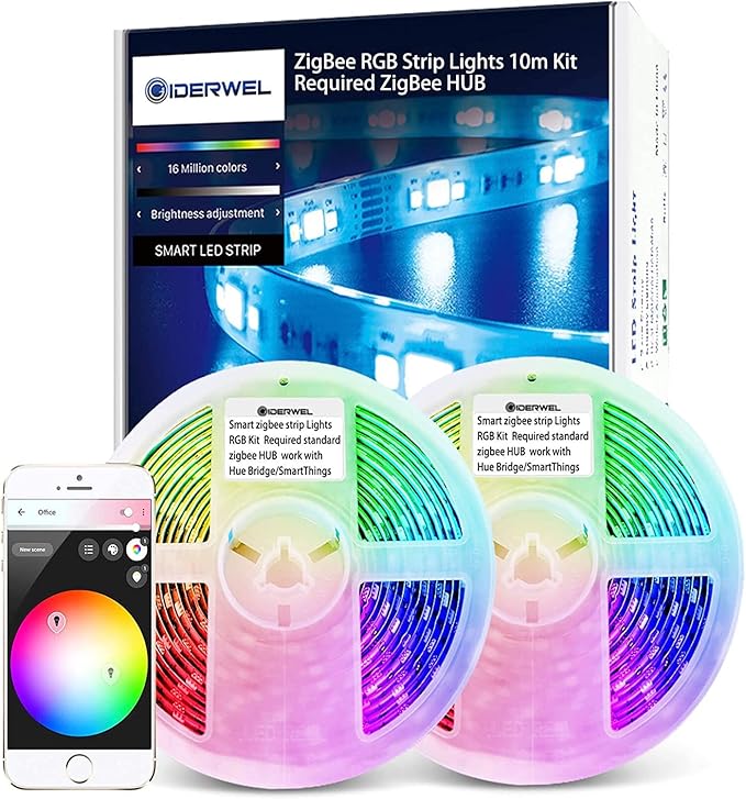 GIDERWEL Smart ZigBee 32.8ft RGB LED Strip Lights Dimmable Kit with ZigBee 3.0 Controller Work with ZigBee Hub Bridge Echo Plus for APP/Voice Control Ambiance Lighting Alexa LED Strips