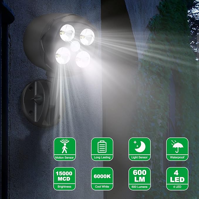 Motion Sensor Outdoor Lights, Battery Operated Outdoor Light, 600LM Motion Detector Lights for Outside, 6000K LED Security Light Battery Powered Spotlight for House Wall, Black(2 Pack)