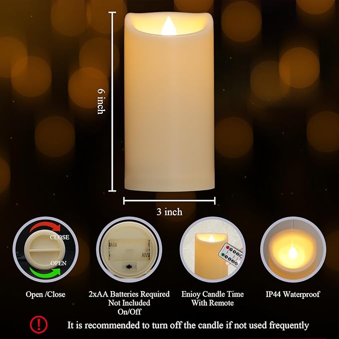 3" x 6" Waterproof Outdoor Candles Battery Operated, Flickering Flameless Pillar Candles with Remote, Plastic LED Candles for Home, Wedding Decor, Ivory, Pack of 2