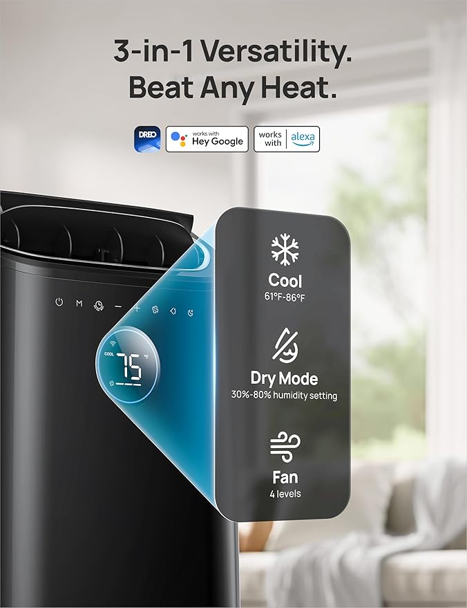 DREO Portable Air Conditioners, 8000 BTU (DOE) AC Unit for Bedroom with Drainage-free Cooling, 3-in-1 with Fan & Dehumidifier, Touch/APP/Voice/Remote, 24h Timer, Smart Floor AC for Room Indoors