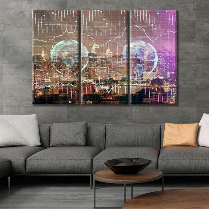 TUMOVO Forex Chart Drawings Over Cityscape Pictures Home Decor Modern Artwork Living Room Wall Decor 3 Panel Rustic Home Decor Print on Canvas Stretched and Framed Ready to Hang (60" Wx40 H)