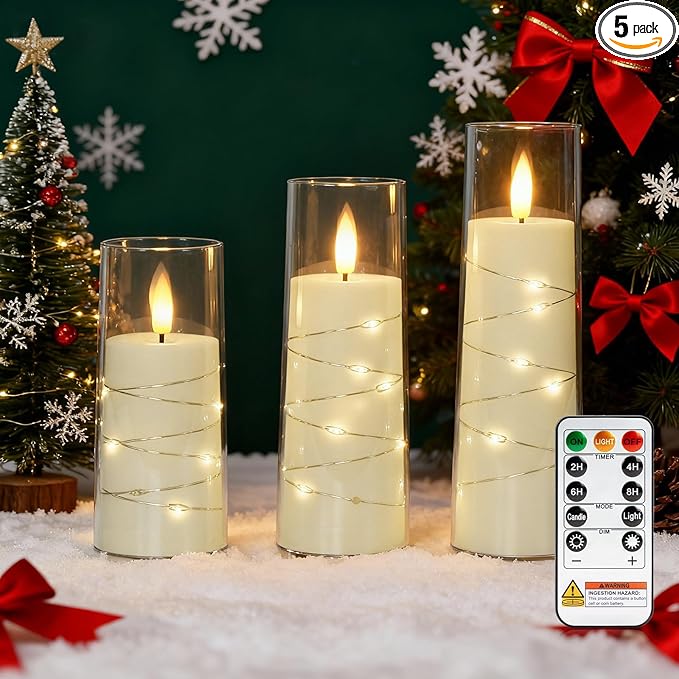 Raycare Flameless Candle with Remote Timer, 3 Flickering Acrylic Battery Operated LED Pillar Candles with Embedded Star String for Valentine's Day, Home Decor, and as a Gift(Ivory)