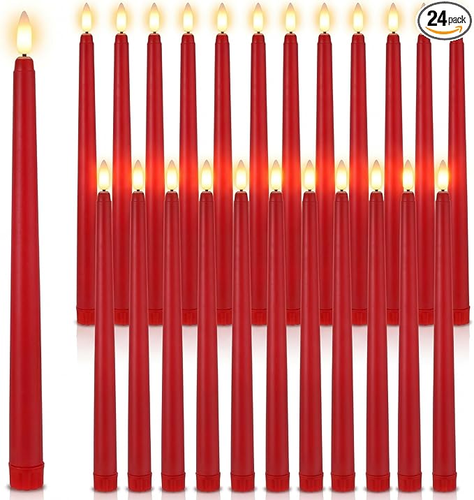 Macarrie 24 Packs Flameless Taper Candles Battery Operated Fake 11 Inch Long Candlelight LED Flameless Candlesticks Flickering Tapered for Spring Summer Wedding(Red)