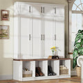 Hall Tree with Entryway Bench and Shoe Cabinet, Multi-Functional Seating Bench with 4 Hanging Hooks and 8 Doors, White