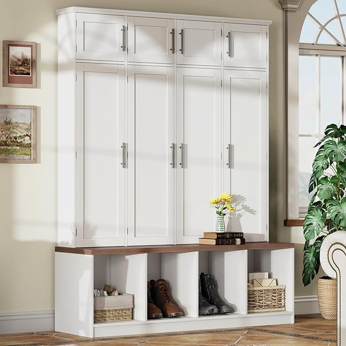 Hall Tree with Entryway Bench and Shoe Storage Compartments, Particle Board Multi-Functional Cabinet with 4 Hanging Hooks, White