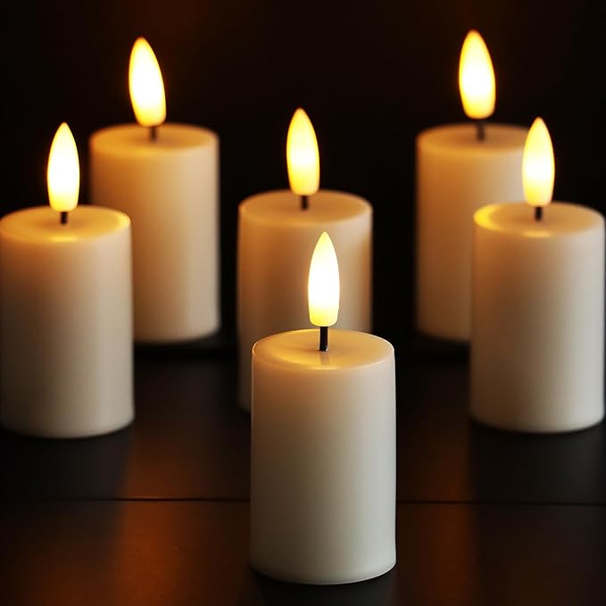 CANDLE CHOICE Battery Operated Flameless Votives with Auto Daily Cycle Timer Long Lasting Realistic 3D Black Wick Electric LED Candles for Wedding Party Holiday Halloween Christmas Decorations 6 Pack