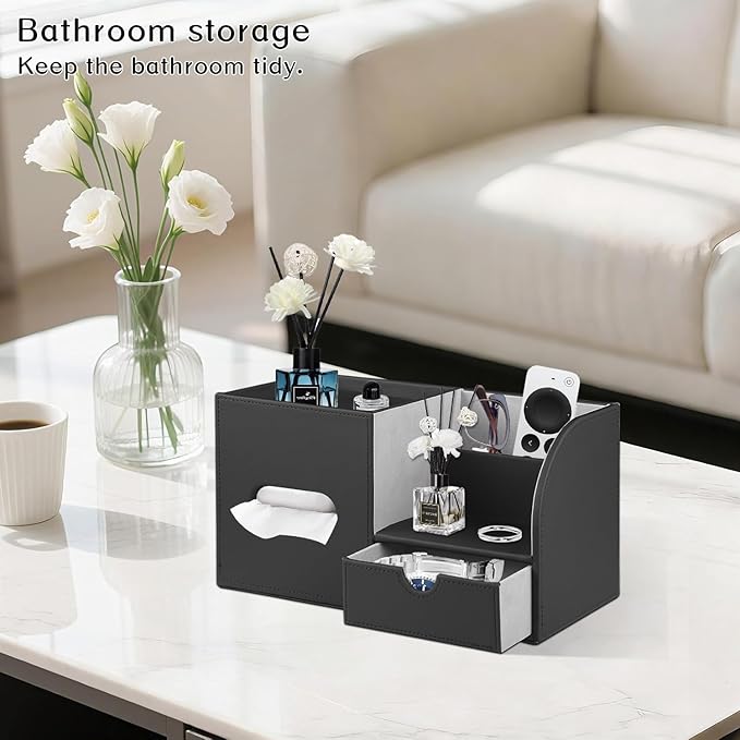 PU Leather Square Tissue Box Cover with Tray and Organizer,Multi-Function Remote Control Tissue Holder for Vanity, Nightstand,Bathroom,Home and Office
