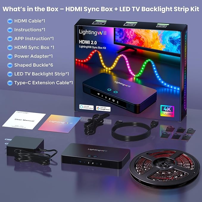 LightingWill 16.4Ft LED TV Backlight Sync to Screen with HDMI Sync Box Kit, 72 LEDs/m TV Lights that Sync with TV, 4K@60Hz RGB-IC Strip for 75-85 Inch TVs, Works with Alexa Google Home PS5 Xbox