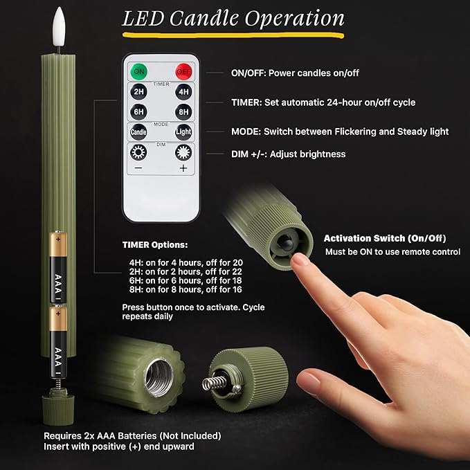 WYZworks 10" Fluted Ribbed LED Loden Green Grooved Pillar Candles, Remote & 24h Timer Memory, On/Off Switch - Flameless Dimmable Battery Operated w/Flicker Mode, Home Wedding Decor (6 Pack)
