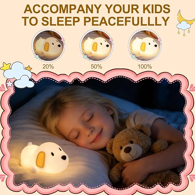 Dog Night Light & Lamp for Kids - Squishy Silicone Lying Puppy, Dimmable and 7 RGB Colors, Switchable Animal Sound, Portable Rechargeable BPA-Free, Gift for Children/Teens/College Students/Girlfriends