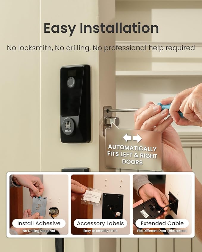 DESLOC WiFi Smart Lock D110 Plus, Built-in Wi-Fi No Hub Needed, Fingerprint Keyless Entry Front Door Lock, Touchscreen Keypad Deadbolt with Backlit, APP Control, Auto Lock, Anti-Peep PIN, BHMA Grade 3