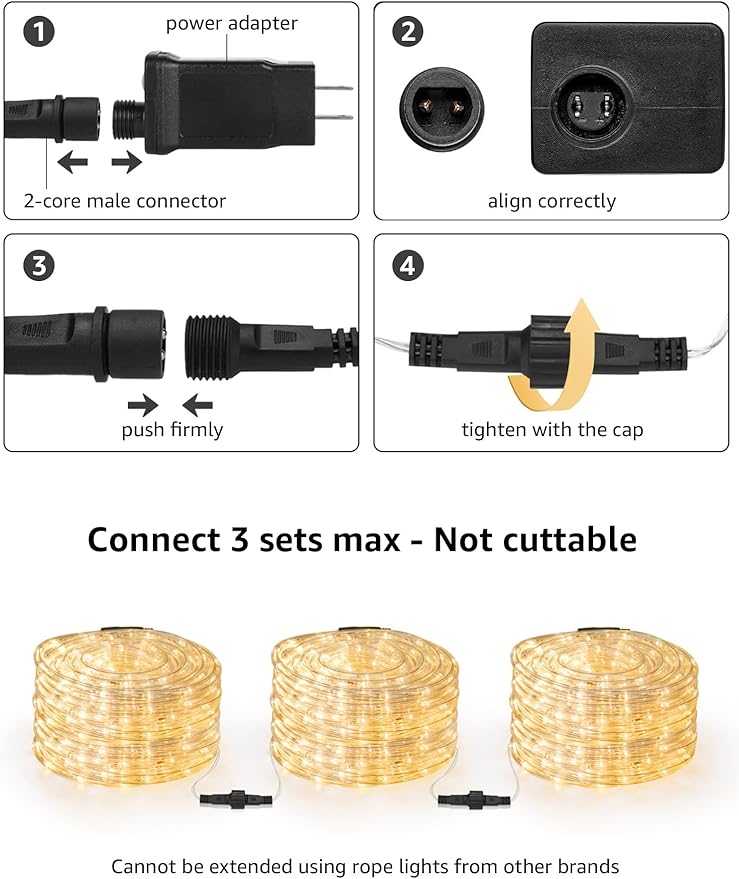 LE 33ft 240 LED Rope Lights Outdoor 24 Volts, 3/8 inch Clear Tube, Upgraded 2700K Warm White, Connectable (Up to 3 Sets), Not Dimmable, Waterproof String Lights for Patio Deck Railing Stair Landscape