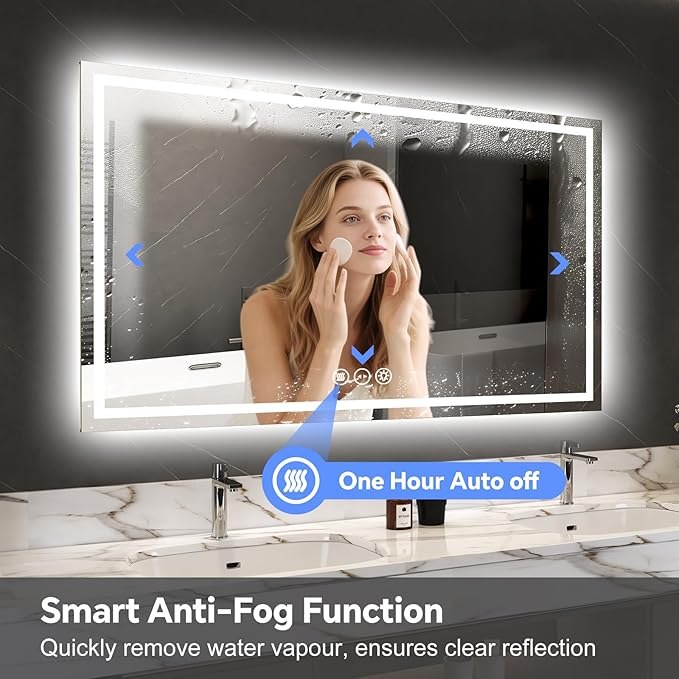 LED Bathroom Mirror 60x40 Inch Anti-Fog Bathroom Mirror with Lights, Wall Mounted Lighted Vanity Mirrors, Dimmable, Backlit + Front Lit, Smart Bathroom Vanity Mirror with 3 Colors Temperature