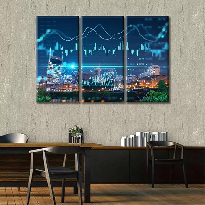 TUMOVO Forex Candlestick Graph Hologram Pictures Wall Decor Posters and Prints 3 Panels Concept of Internet Trading Brokerage and Analysis Decor for Bedroom Framed Ready to Hang (42" Wx28 H)