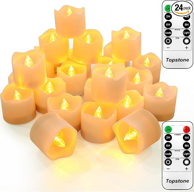 Topstone Battery-Operated LED Flameless Candles with Remote Control,Warm Yellow Flickering & Steady Modes, 2H/4H/6H/8H Timer, Dimming Function, 400+ Hours Battery Life (Includes 2 Remotes & Batteries)