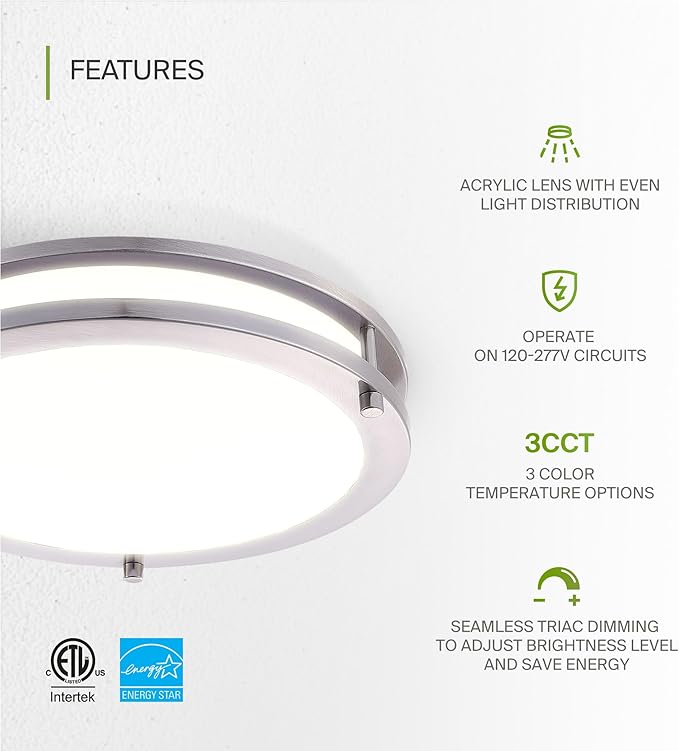 ASD LED 12" Round Flush Mount Lighting, Close to Ceiling Light Fixture | 3CCT, Dimmable, Energy Star, ETL Listed | 20W 1580LM 3000-5000K 100-277V | Low Profile Double Ring Lamp | Nickel