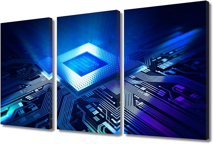 3 Panel Wall Art CPU Concept Painting Print On Canvas Pictures for Bedroom Circuit Board Home Decor Technology Digital Art Contemporary Artwork Paintings Stretched Frame Ready to Hang(24"Wx36"H)