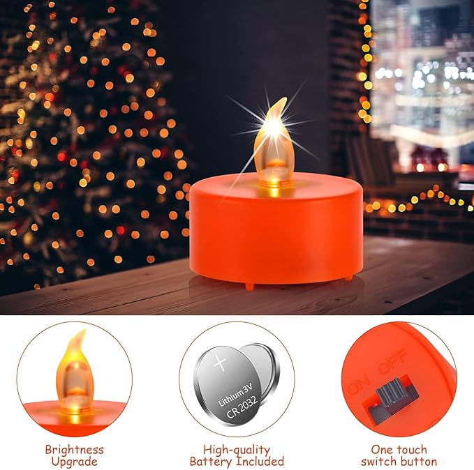 Battery Operated Tea Lights Candles - 12 Pack LED Tea Candles Lamp Realistic and Bright Flickering Holiday Gift Operated Flameless LED Votive Light for Seasonal & Festival Celebration (Orange)